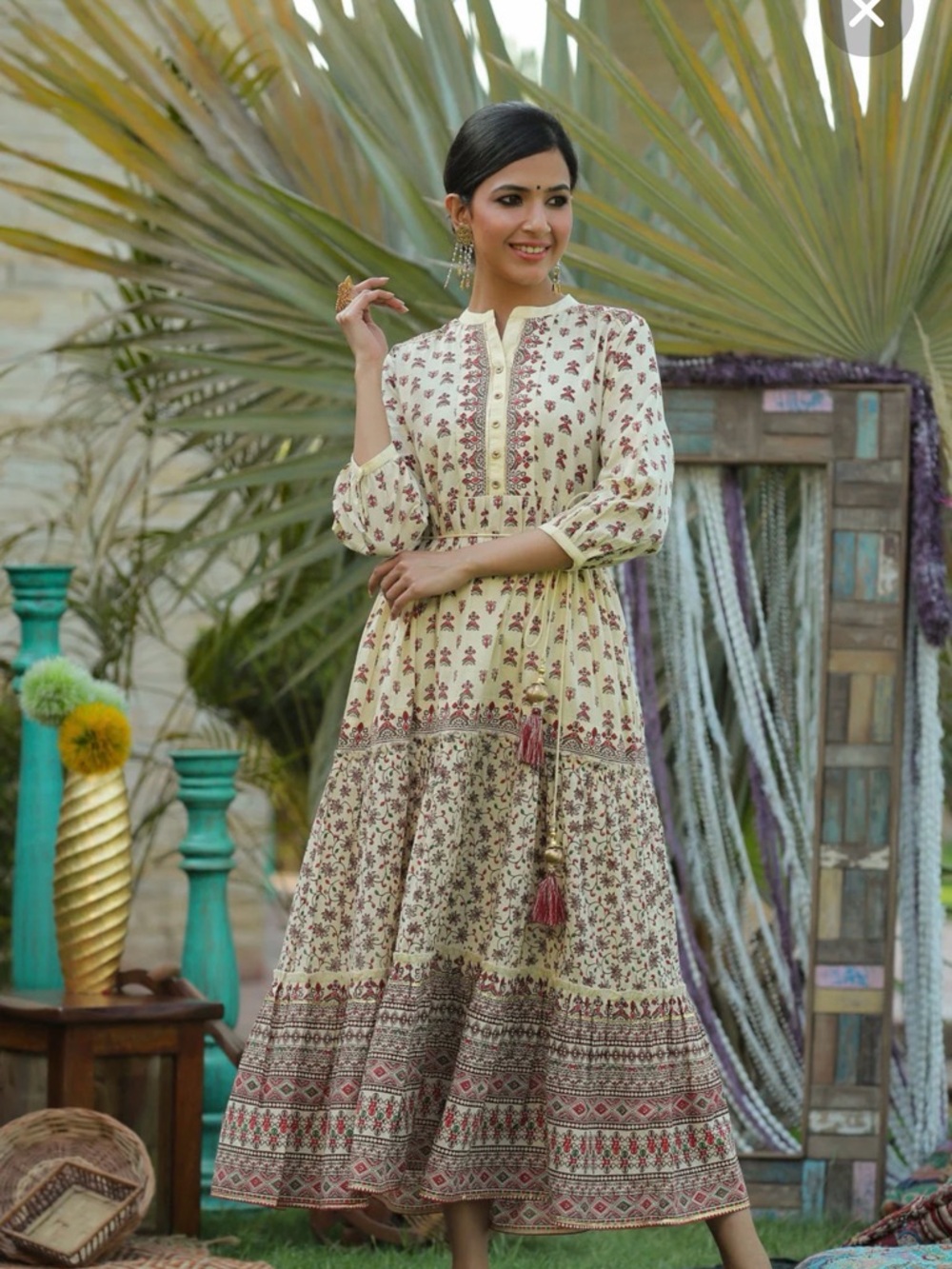Cream & Maroon Printed Maxi Dress - Women